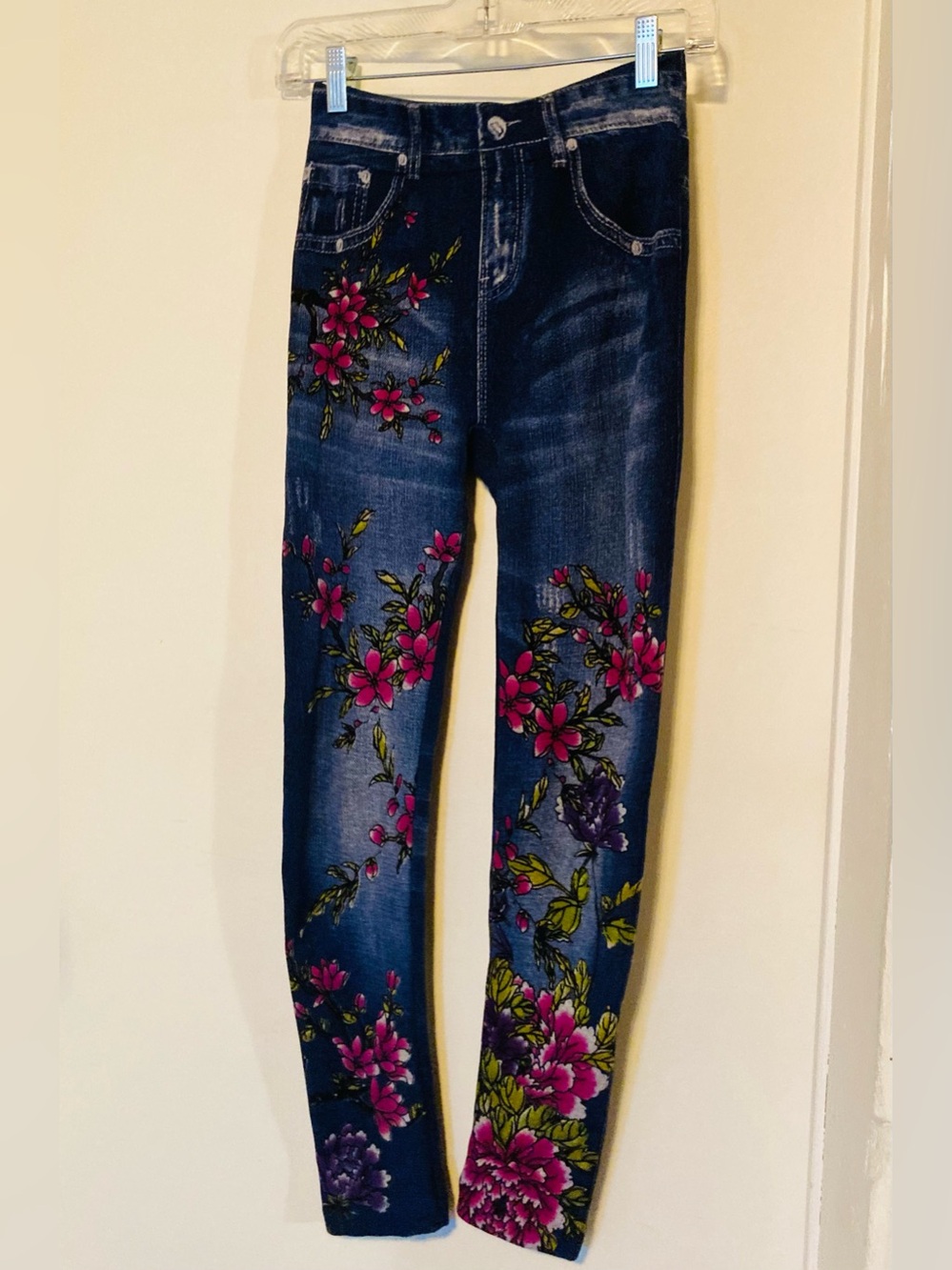 Distressed Floral Jeggings Fake Jeans Stretchy Comfortable Leggings Blue & Pink